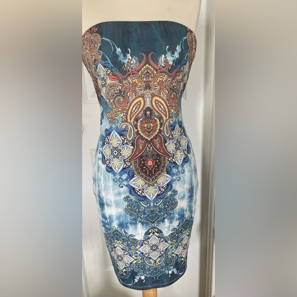 Fashion Nova Blue and Brown Strapless Bodycon Dress